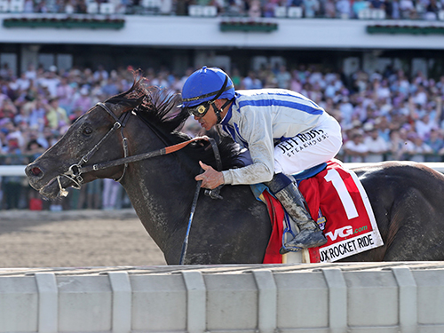 Photo: The 2023 winner of the Haskell, Geaux Rocket Ride ridden by Mike Smith, and trained by Richard E. Mandella.