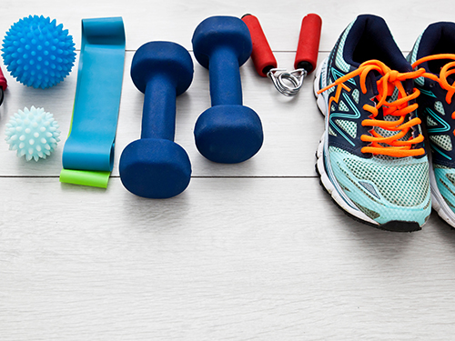 Exercise weights, shoes, rubber bands.