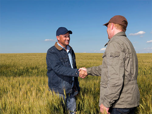 Photo: Two men shaking hands in a farm field.