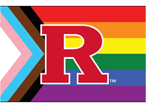 LGBTQIA flag with Rutgers emblem.