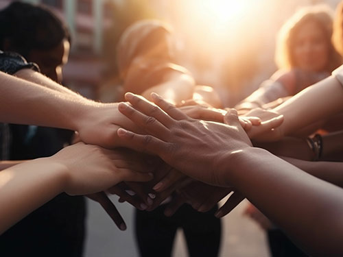 Hands joined in team unity.