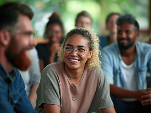 Smiling person in group setting.