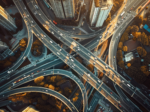 Highway interchange aerial photo.