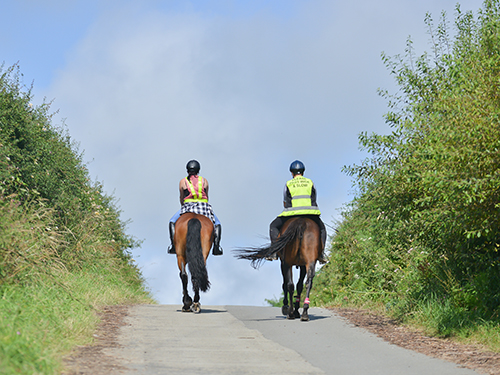 Photo: Two horse riders riding their horses over the brow of a hill, wearing safety gear that makes them visible to other road users.